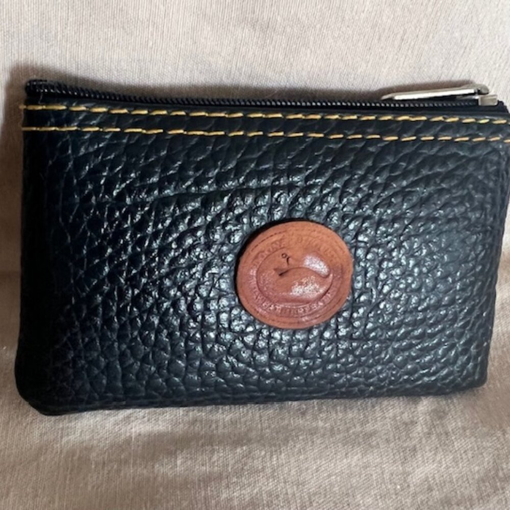 Vintage Dooney & Bourke Coin Purse Black Pebble Leather -Brown Leather Logo RARE